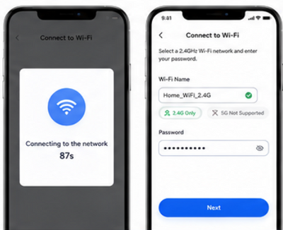 Selecciona una red Wi-Fi 2.4G (5G no compatible), introduce el nombre y contraseña correctos y confirma.